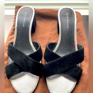 Elie Tahari block heel dress sandals, black and silver, 39 (8.5)